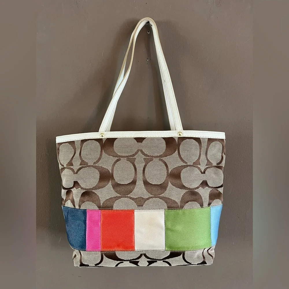 Vintage Coach Brown Signature Canvas Tote with Multicolor Accent Panels